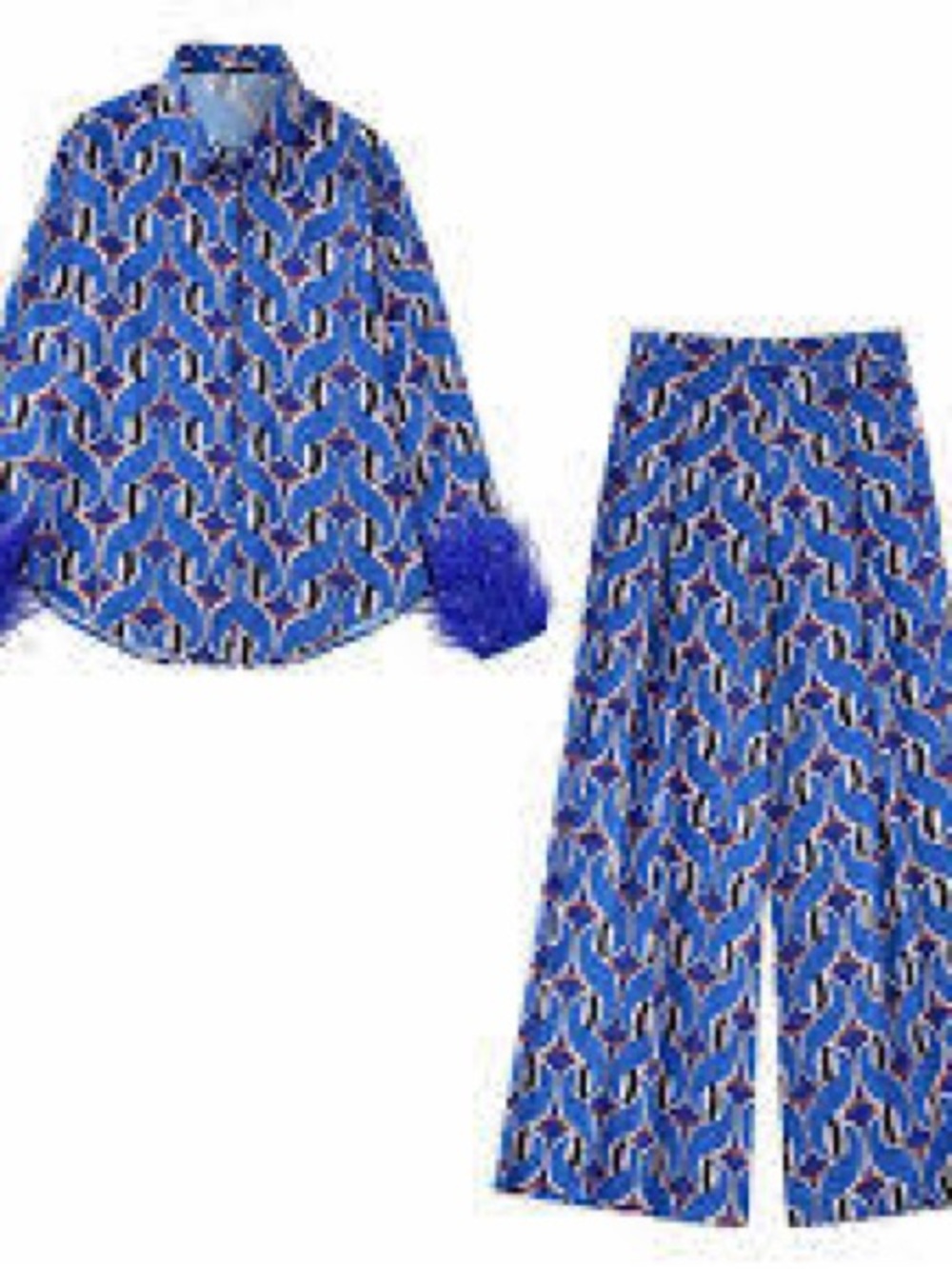 Zara Blue Patterned Feather Shirt and Wide-Leg Pants Set
